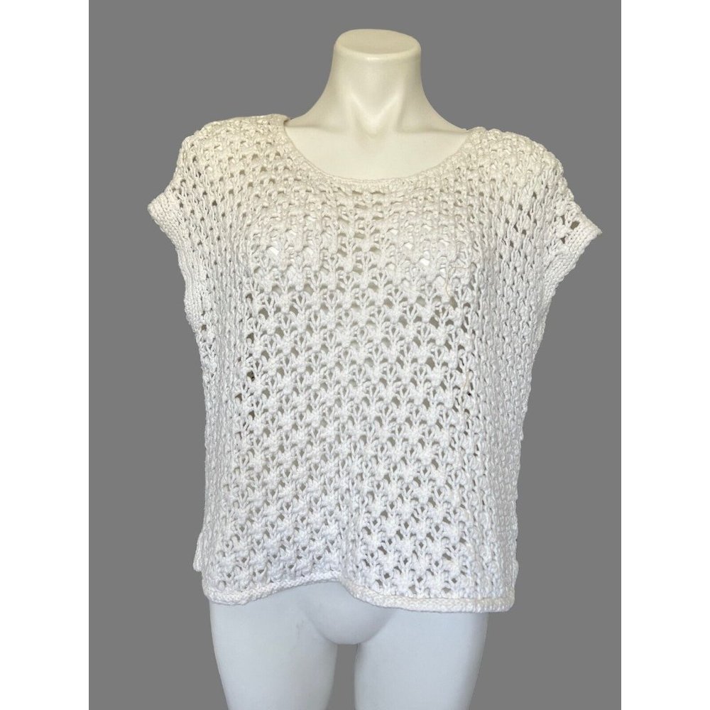 Movint  New York White Knit Crochet Sweater Top Short Sleeves Loose‎ Size Med